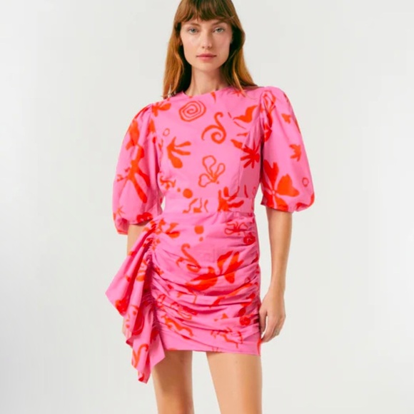 NWT RHODE Pia Pink Botanical Floral Abstract Mini Dress Ruffles Puff Sleeve 12 - Picture 10 of 15